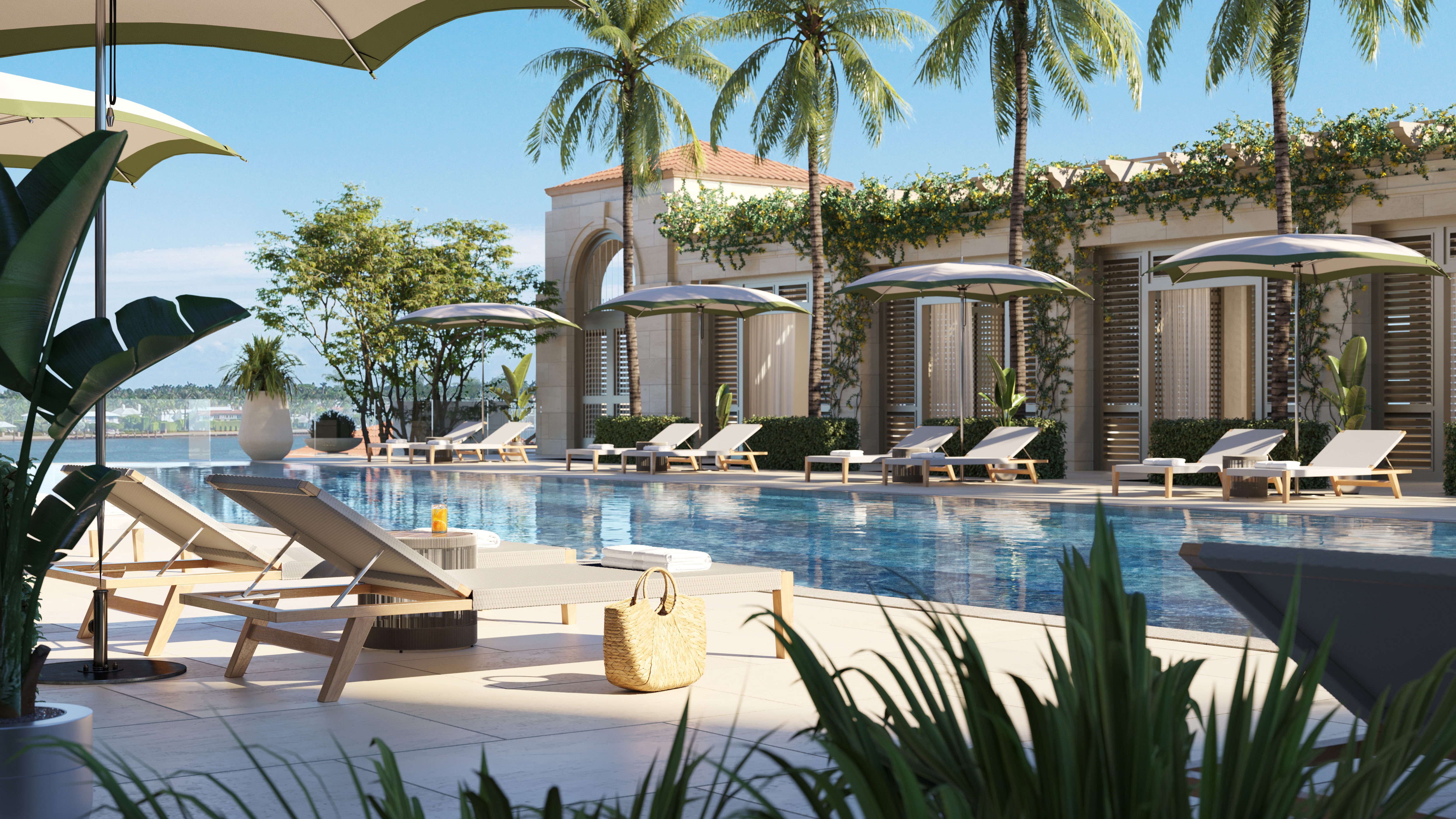 Resort-style pool with palm trees at South Flagler House